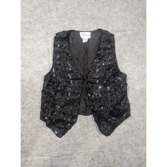 Vintage 80s Cotton Zone Black Silk Beaded All Over Sequins Vest Small Party - Picture 1 of 7